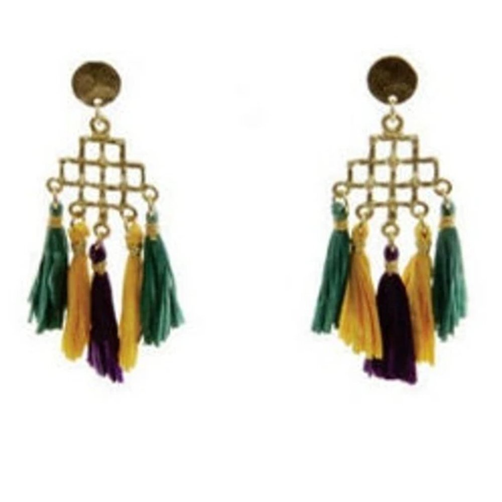 Mardi Gras Tassel Earrings Purple Green and Gold